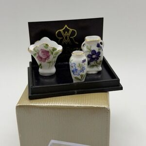Reutter Porcelain Miniature Dollhouse Rose Vase Set of 3 White w/ Flower